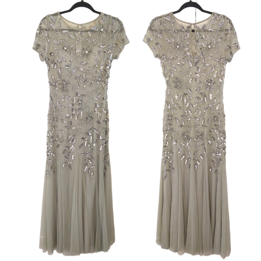 Adrianna Papell Light Green Beaded Sequin Short Sleeve Gown. 091897242. 8 Petite